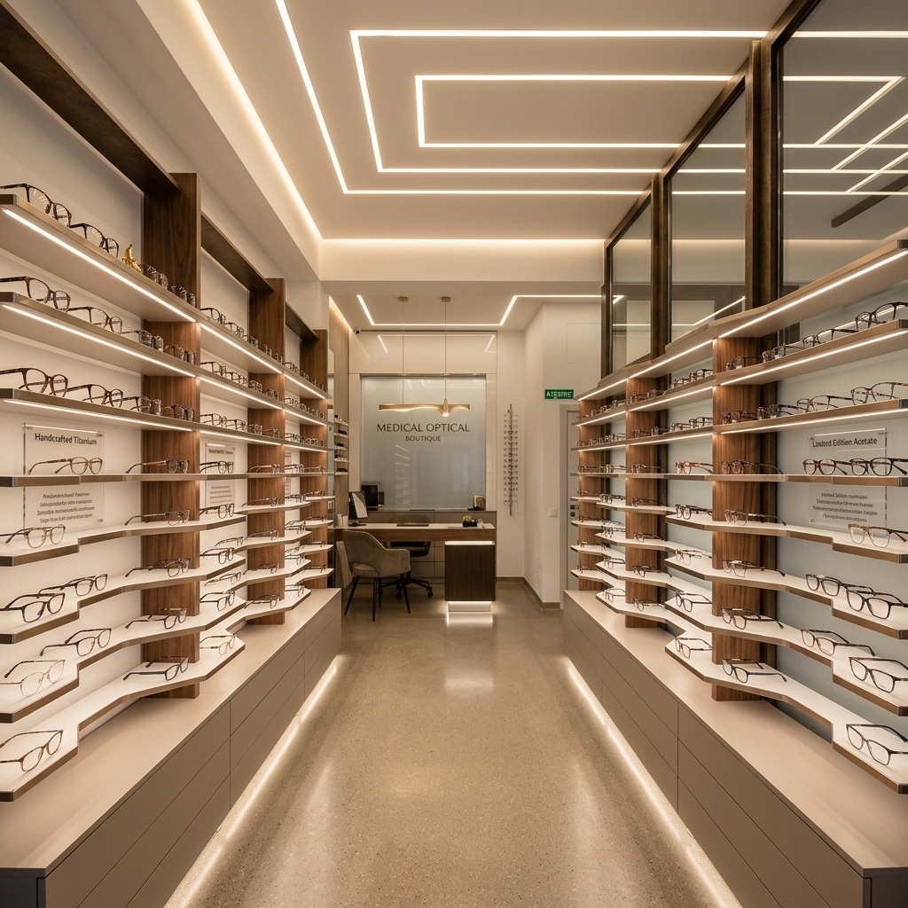 Colecție rame ochelari premium expuse în optică medicală